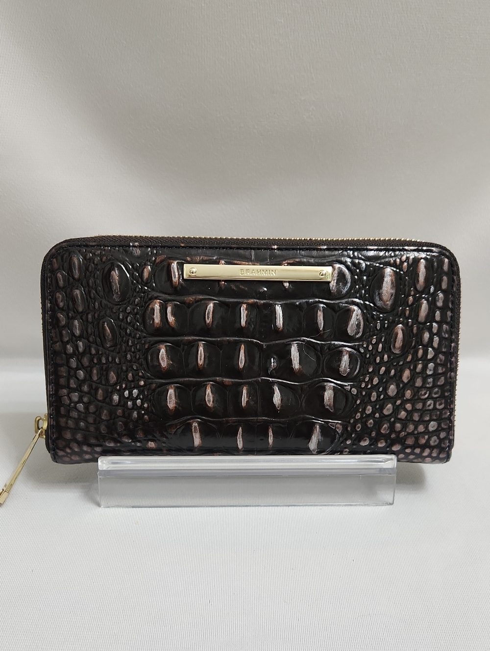 Brahmin Black Brown Croc-Embossed Zip Around Wallet With Gold Hardware